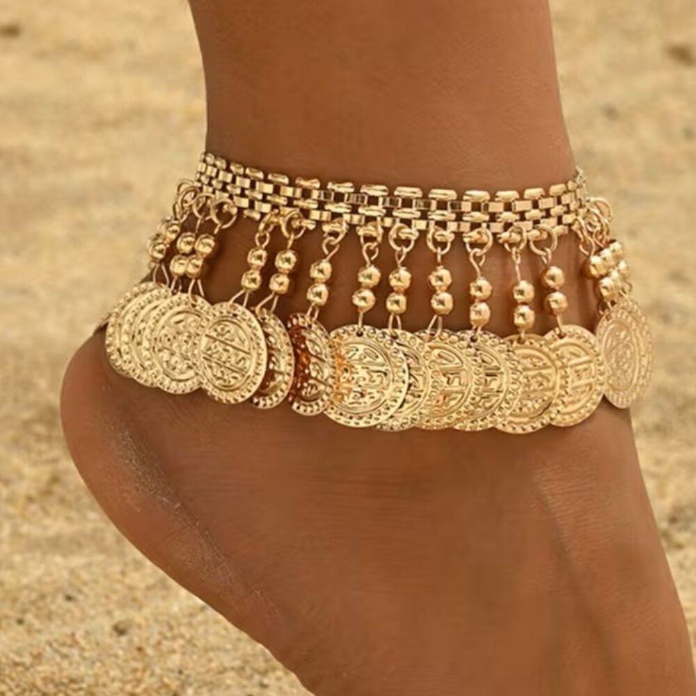 Vintage Style Ancient Coin Bead Tassel Anklet Ankle Bracelet Z154